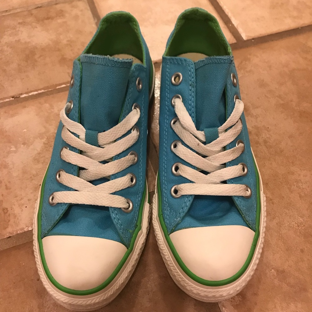 Blue green colored converse sneakers